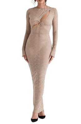 HOUSE OF CB Giovanna Floral Lace Long Sleeve Body-Con Dress in Stone