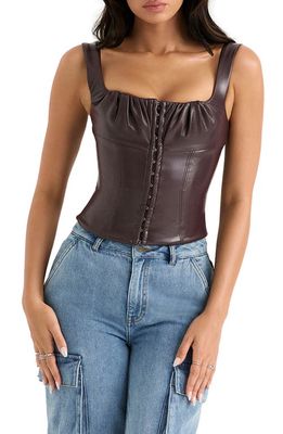 HOUSE OF CB James Gather Faux Leather Corset Top in Cocoa