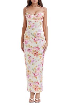 HOUSE OF CB Josefina Floral Bustier Bodice Stretch Satin Body-Con Dress in Ivory Floral
