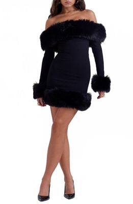 HOUSE OF CB Keilani Long Sleeve Minidress with Faux Fur Trim in Black