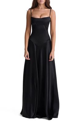 HOUSE OF CB Lace-Up Satin Maxi Slipdress in Black