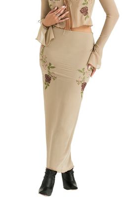 HOUSE OF CB Lailah Embroidered Floral Maxi Skirt in Artichoke