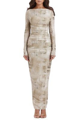 HOUSE OF CB Lanetta Ruched Bateau Neck Long Sleeve Georgette Dress in Sand Print
