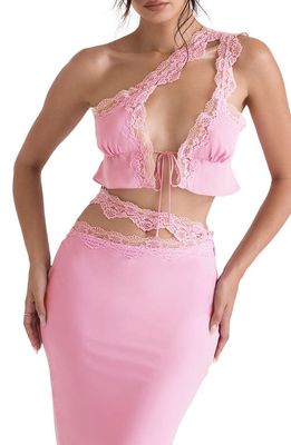 HOUSE OF CB Lorena Lace Trim One-Shoulder Crop Top in Pink