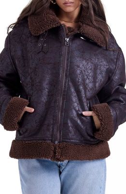 HOUSE OF CB Madden Faux Leather Bomber Jacket with Faux Shearling Trim in Brown Leather