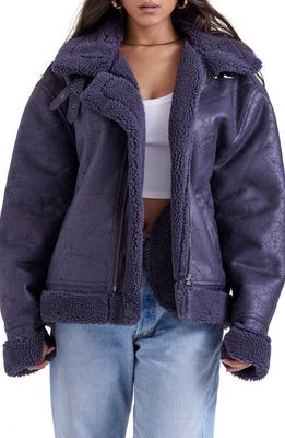 HOUSE OF CB Madden Faux Leather Bomber Jacket with Faux Shearling Trim in Grey