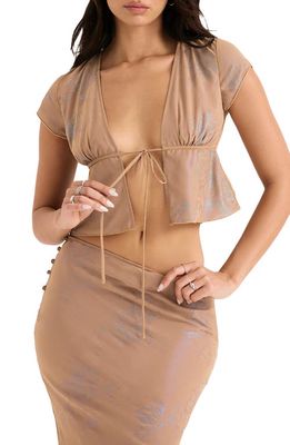 HOUSE OF CB Maia Tie Front Sheer Georgette Crop Top in Shimmer Cafe