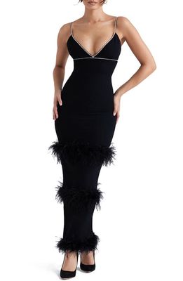 HOUSE OF CB Maricel Feather Trim Cocktail Dress in Black