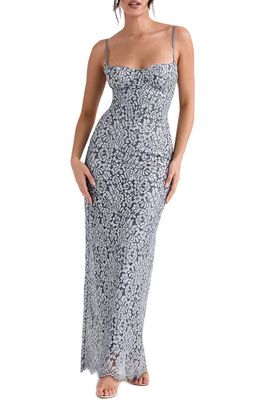 HOUSE OF CB Metallic Floral Lace Body-Con Gown in Silver