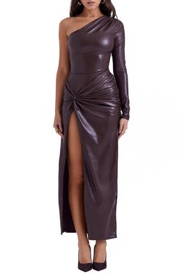 HOUSE OF CB Octavia One-Shoulder Faux Leather Dress in Brown Leather
