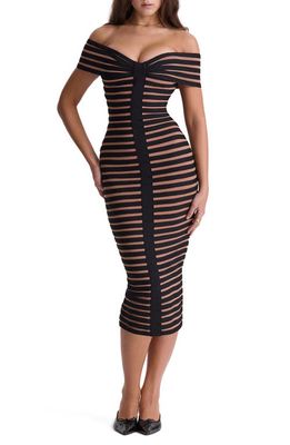 HOUSE OF CB Panel Off the Shoulder Midi Body-Con Dress in Black Brown