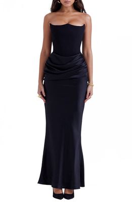 HOUSE OF CB Persephone Strapless Satin Corset Cocktail Dress in Black