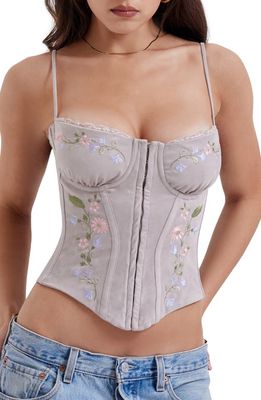 HOUSE OF CB Petunia Embroidered Faux Suede Corset Top in Lavender