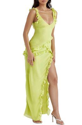 HOUSE OF CB Pixie Ruffle Georgette Body-Con Cocktail Dress in Lime