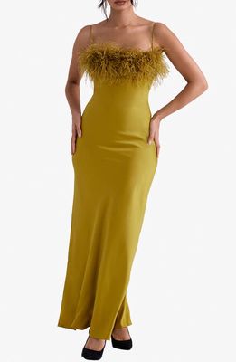 HOUSE OF CB Renee Feather Trim Bias Cut Satin Cocktail Dress in Chartreause