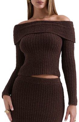 HOUSE OF CB Saffron Rib Off the Shoulder Crop Sweater in Chocolate Brown