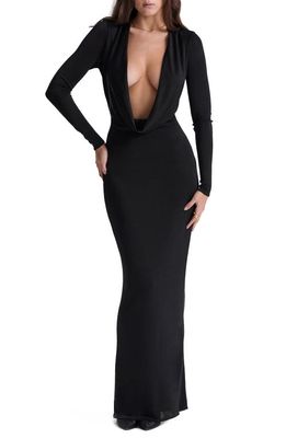 HOUSE OF CB Saskia Plunge Long Sleeve Jersey Gown in Black