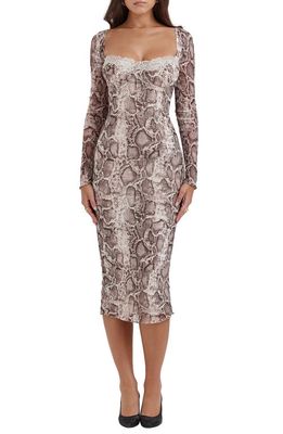 HOUSE OF CB Seraphina Corset Detail Long Sleeve Dress in Snake Print
