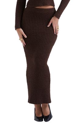 HOUSE OF CB Sloane Bouclé Knit Skirt in Chocolate Brown