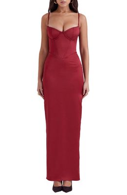 HOUSE OF CB Stefania Underwire Corset Bodice Satin Gown in Blood Red