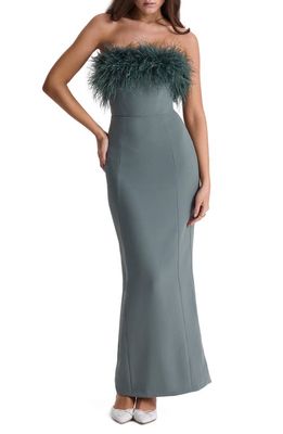 HOUSE OF CB Strapless Feather Bodice Crepe Maxi Dress in Dark Eucalyptus