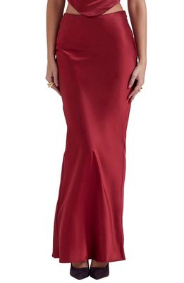 HOUSE OF CB Sydel Bias Cut Satin Maxi Skirt in Blood Red
