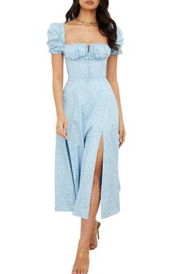 HOUSE OF CB Tallulah Puff Sleeve Midi Dress in Blue Vintage