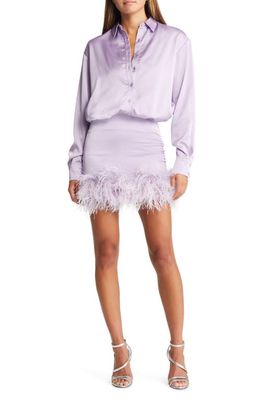 HOUSE OF CB Tyra Feather Trim Long Sleeve Satin Shirtdress in Orchid