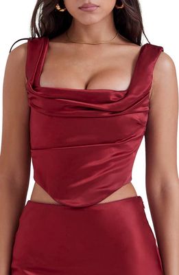 HOUSE OF CB Una Floral Cowl Neck Lace-Up Corset Top in Blood Red