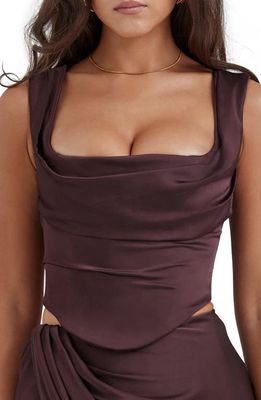 HOUSE OF CB Una Floral Cowl Neck Lace-Up Corset Top in Rich Brown