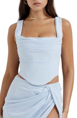 HOUSE OF CB Una Floral Cowl Neck Lace-Up Corset Top in Soft Blue Lighter