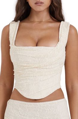HOUSE OF CB Una Floral Cowl Neck Lace-Up Corset Top in Vintage Cream
