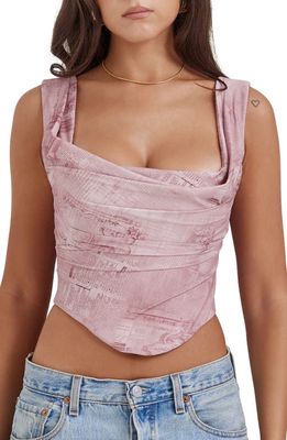 HOUSE OF CB Una Floral Cowl Neck Lace-Up Corset Top in Warm Pink