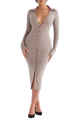 HOUSE OF CB Yvette Long Sleeve Button-Up Sweater Dress in Beige