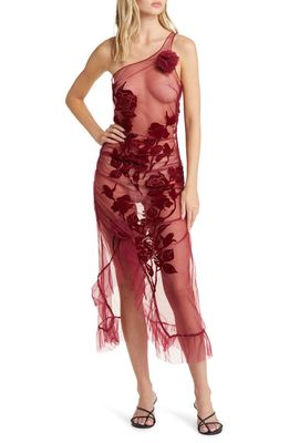 House of Sunny La Belle Flocked Sheer One-Shoulder Midi Dress in Rouge