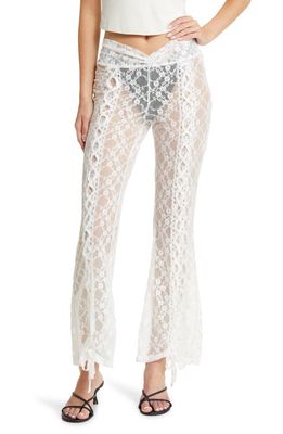 House of Sunny Lovers Lace Sheer Kick Flare Pants in Porcelain