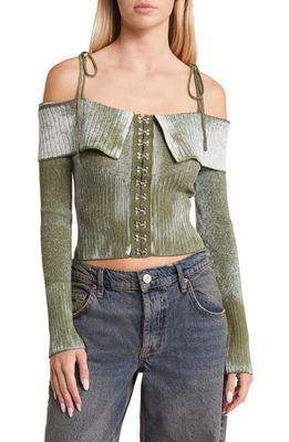 House of Sunny Off the Shoulder Tie Strap Rib Crop Top in Moss