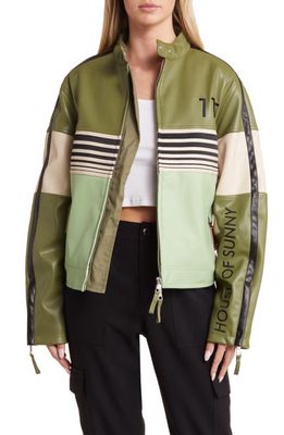 House of Sunny The Racer Colorblock Faux Leather Jacket in Moss