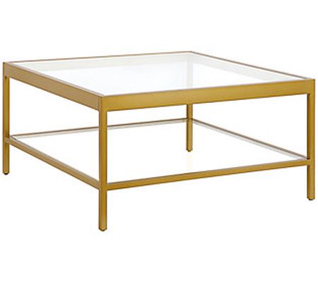 Hudson & Canal Square Coffee Table w/ Glass Top & Bottom Shelf