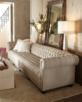Hudson Tufted-Linen Sofa, 93"L