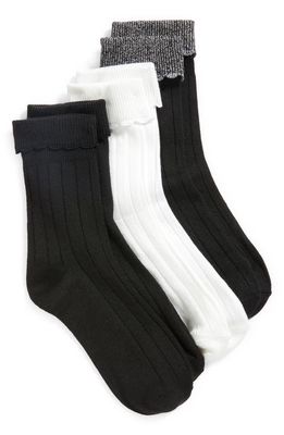 Hue 3-Pack Scalloped Foldover Cuff Crew Socks in Black/white