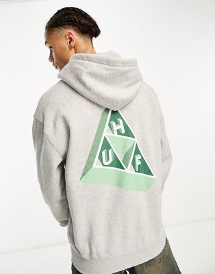 Huf based triple triangle pullover hoodie in gray with chest and back print