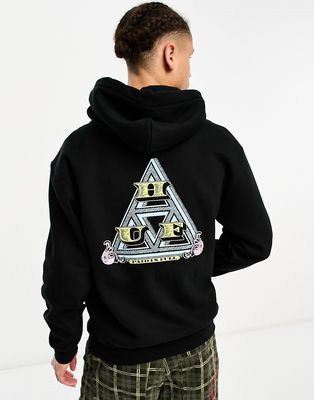 HUF logo paid in full pullover hoodie in black with chest and back print