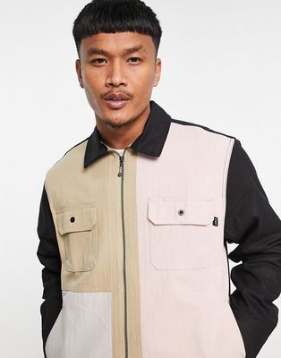 HUF split zip work jacket in black and pink-Multi