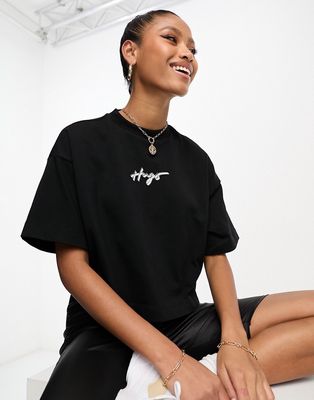 Hugo cropped Tee 3 relaxed fit script t-shirt in black