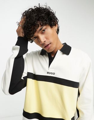 HUGO Denero color block long sleeve polo shirt in off white and yellow