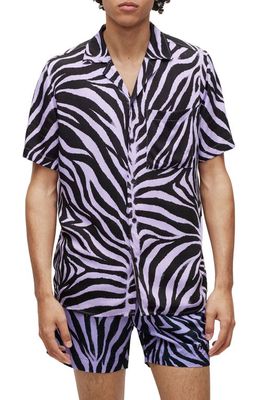 HUGO Ellino Animal Print Short Sleeve Button-Up Camp Shirt in Open Purple