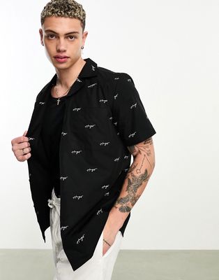 HUGO Ellino relaxed fit short sleeve shirt in black with all over script logo