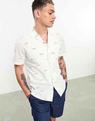 HUGO Ellino relaxed fit short sleeve shirt in white with all over script logo