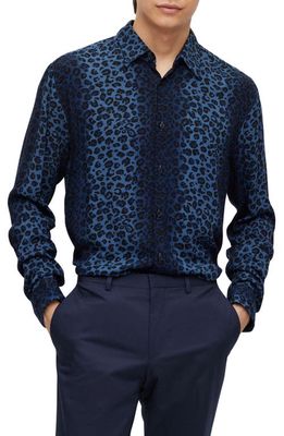 HUGO Ermo Slim Fit Animal Print Button-Up Shirt in Open Blue